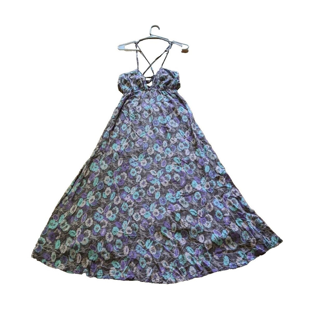 Etiquette Women's Floral Maxi Dress Criss-Cross Open Back Grey, Purple, Teal SM